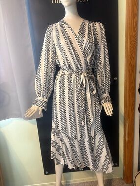 Brigitte Herskind Black and White Printed Wrap Midi Dress with Tie Waist
